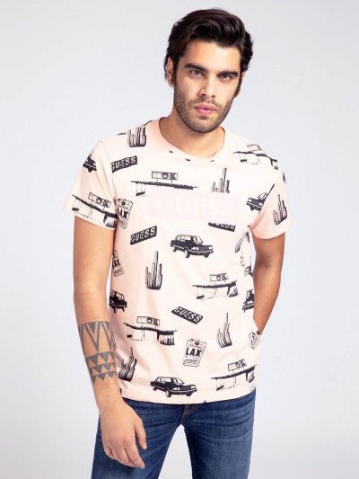 Férfi Guess All Over Print Póló Világos Rózsaszín | HU-067107