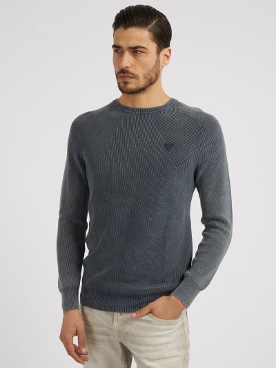 Férfi Guess Bordázott Knit Pulóverek Kék | HU-209965