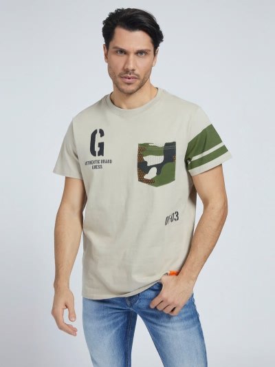 Férfi Guess Camouflage Print Pocket Póló Bézs | HU-826651