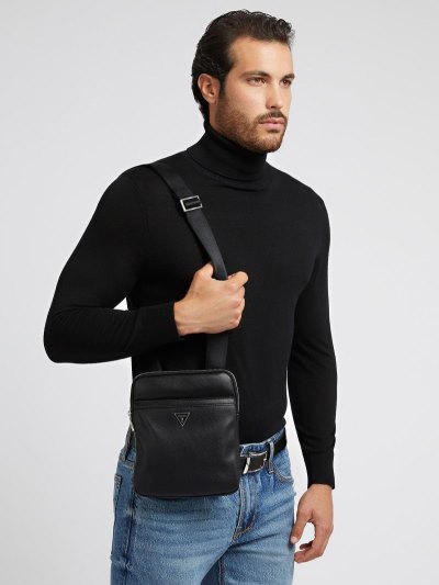 Férfi Guess Certosa Saffiano Mini Crossbody Táska Fekete | HU-695817