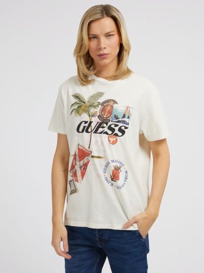 Férfi Guess Collage Print Póló Fehér | HU-842842
