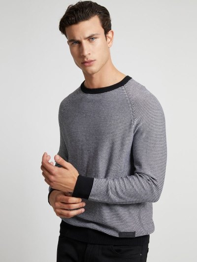 Férfi Guess Crew Neck Csíkos Pulóverek Fekete | HU-405048