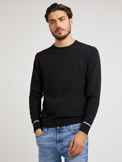 Férfi Guess Crew Neck Stretch Pamut Pulóverek Fekete | HU-257066
