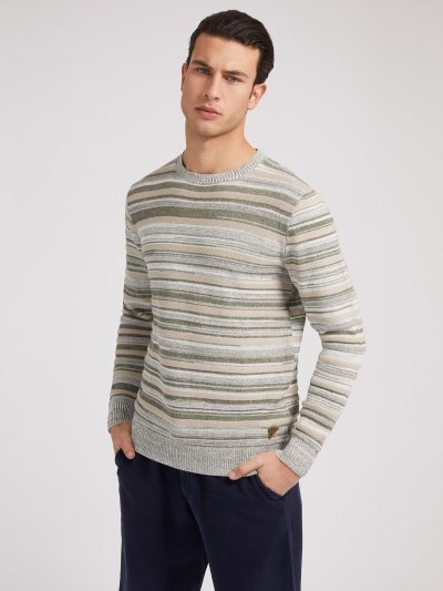 Férfi Guess Csíkos Pamut Pulóverek Zöld | HU-997038