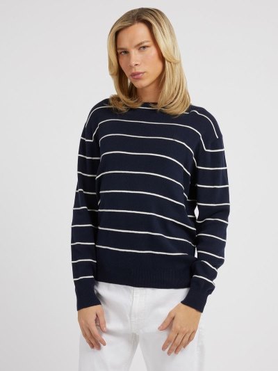 Férfi Guess Embossed Stripes Pulóverek Kék | HU-616751