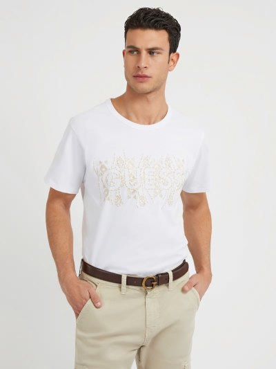 Férfi Guess Embroidered Logo Póló Fehér | HU-903901