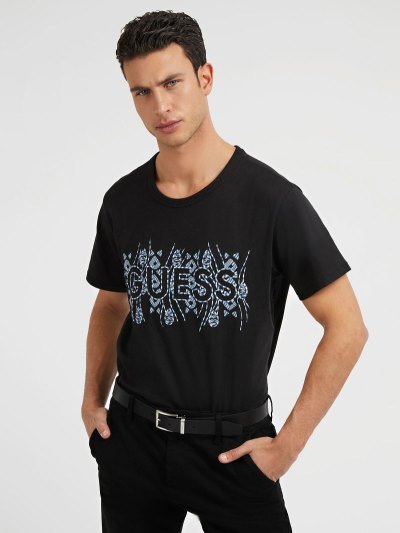 Férfi Guess Embroidered Logo Póló Fekete | HU-235104