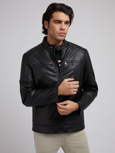 Férfi Guess Faux Bőr Kabát Fekete | HU-314225