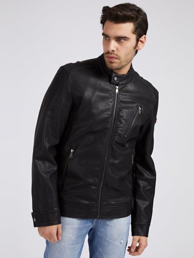 Férfi Guess Faux Bőr Motoros Dzseki Fekete | HU-780038