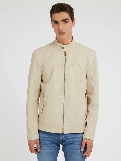 Férfi Guess Faux Bőr Motoros Dzseki Khaki | HU-819932