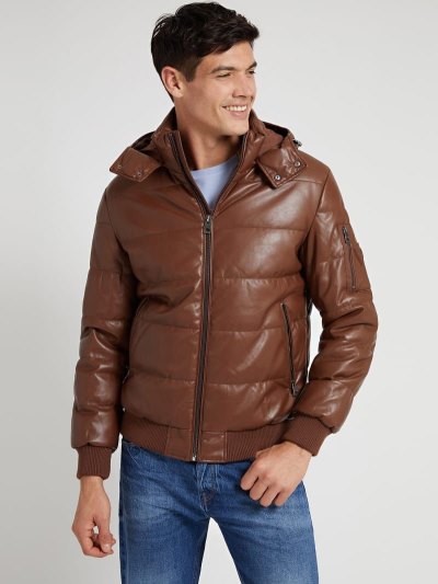 Férfi Guess Faux Bőr Puffer Jacket Barna | HU-073172