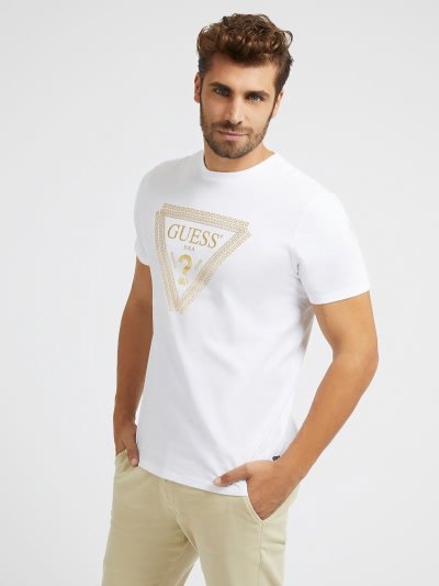 Férfi Guess Foil Triangle Logo Póló Fehér | HU-749388