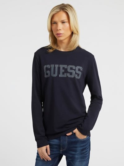 Férfi Guess Front Logo Long Sleeves Póló Kék | HU-499841