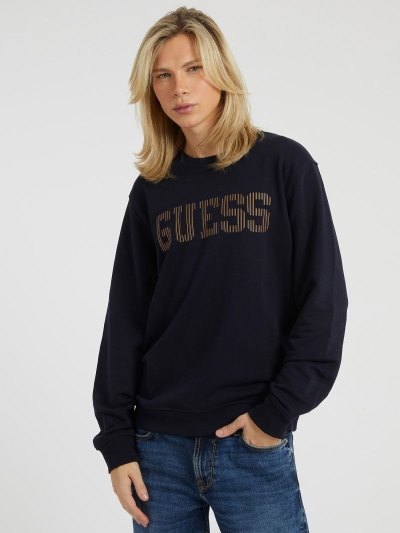 Férfi Guess Front Logo Pulóverek Kék | HU-046067