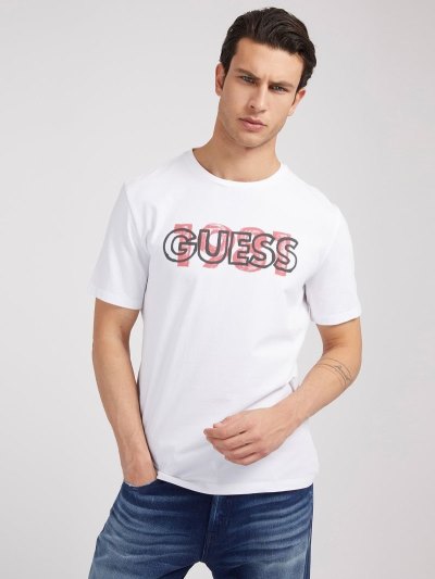 Férfi Guess Front Logo Póló Fehér | HU-526289