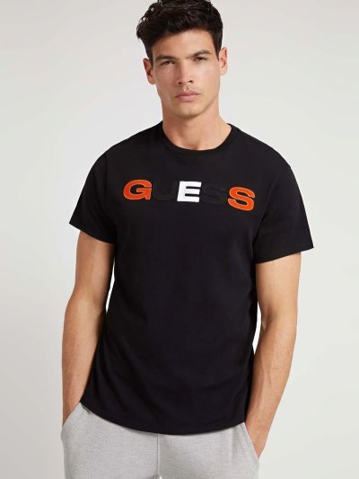 Férfi Guess Front Logo Póló Fekete | HU-276116