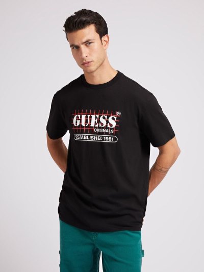 Férfi Guess Front Logo Póló Fekete | HU-717677