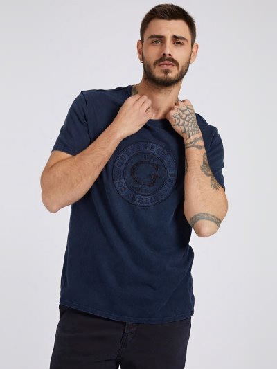 Férfi Guess Front Logo Póló Kék | HU-581344