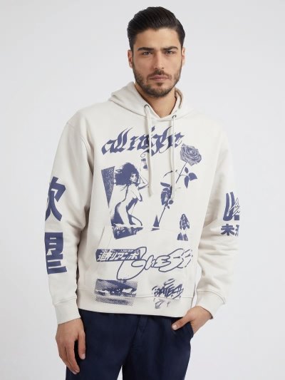 Férfi Guess Front Print Csuklyás Pulóverek Fehér | HU-075423