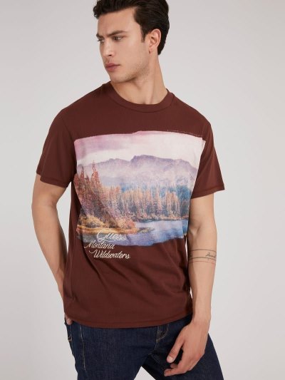 Férfi Guess Front Print Póló Barna | HU-443574