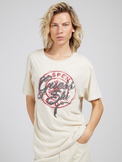 Férfi Guess Front Print Póló Bézs | HU-306938