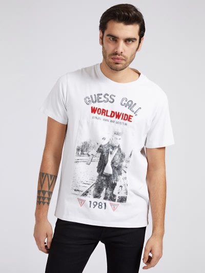 Férfi Guess Front Print Póló Fehér | HU-344167