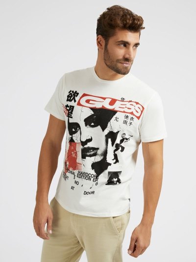 Férfi Guess Front Print Póló Fehér | HU-732411