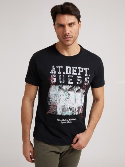 Férfi Guess Front Print Póló Fekete | HU-161097