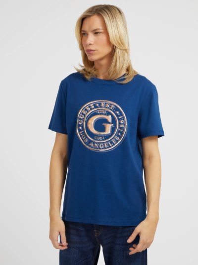 Férfi Guess Front Print Póló Kék | HU-508171