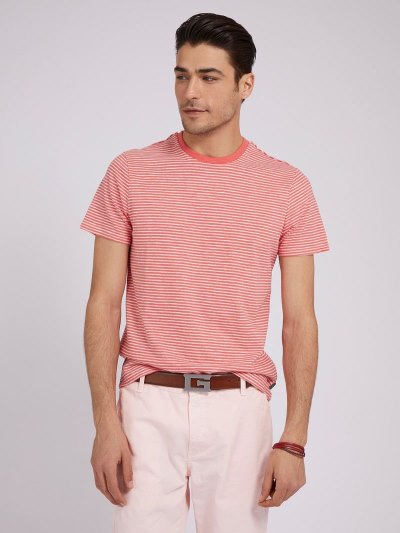 Férfi Guess Linen Blend Csíkos Póló Világos Korall | HU-113347