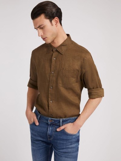 Férfi Guess Linen Ingek Zöld | HU-649560