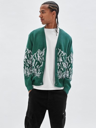 Férfi Guess Mountain Motif Jacquard Kardigán Zöld | HU-061507