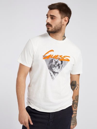Férfi Guess Printed Front Póló Fehér | HU-230942