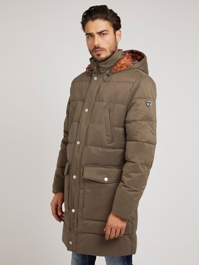 Férfi Guess Párnázott Csuklyás Pehelykabát Barna | HU-081465