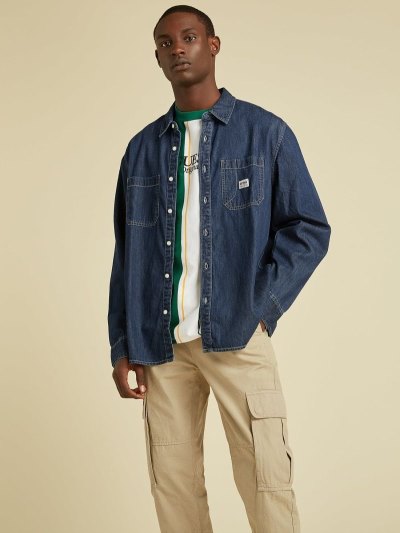 Férfi Guess Regular Denim Shirts Kék | HU-129109