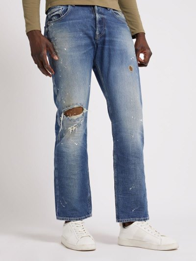 Férfi Guess Regular Fit Abrasions Ruházat Kék | HU-383892