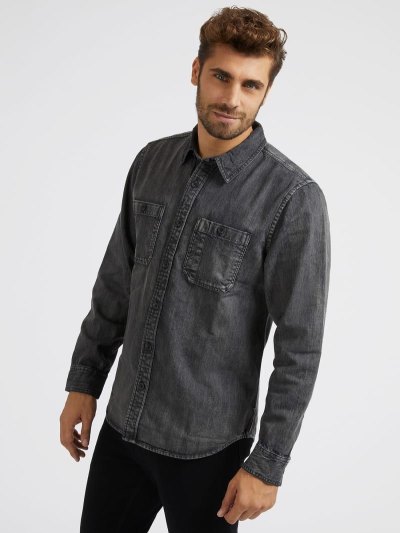 Férfi Guess Regular Fit Denim Shirts Fekete | HU-744173