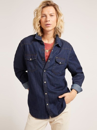 Férfi Guess Regular Fit Denim Shirts Kék | HU-572469
