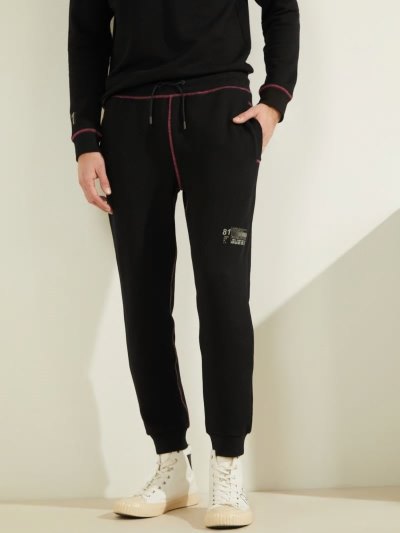 Férfi Guess Rib Fleece Logo Nadrág Fekete | HU-175729