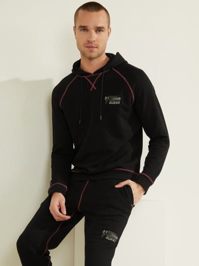 Férfi Guess Rib Fleece Logo Pulóverek Fekete | HU-247332