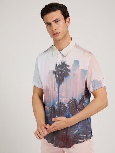 Férfi Guess Rövid Sleeves Printed Ingek Kék | HU-374167