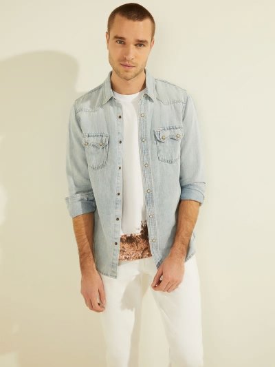Férfi Guess Slim Denim Shirts Világos Kék | HU-771545