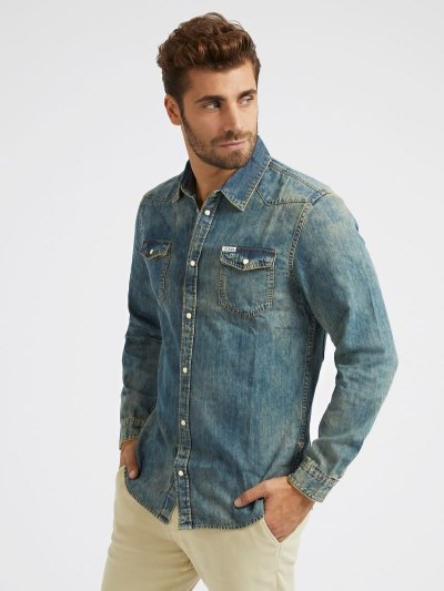 Férfi Guess Slim Fit Denim Shirts Kék | HU-992932