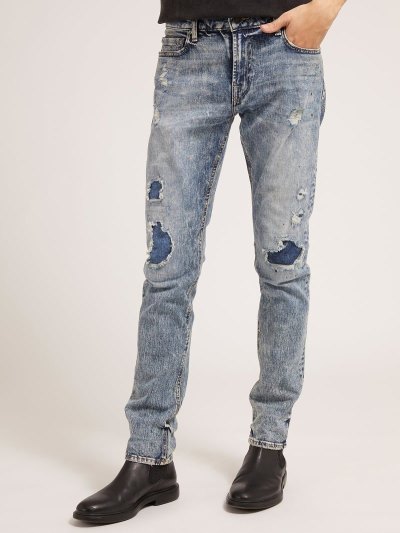 Férfi Guess Sovány Fit Abrasions Ruházat Kék | HU-525808