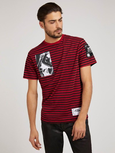 Férfi Guess Stripe Motif Póló Piros | HU-021317