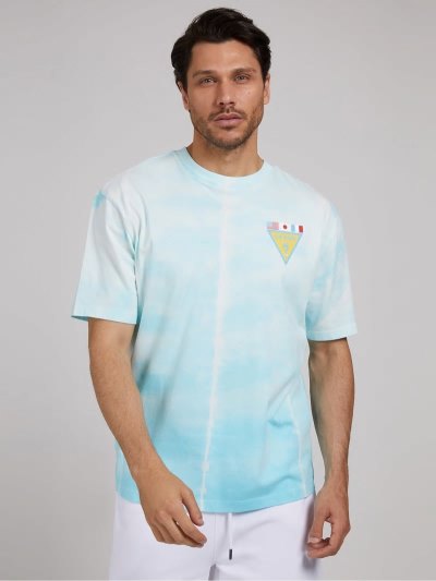 Férfi Guess Tie-dye Flag Logo Póló Kék | HU-464986