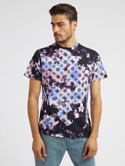 Férfi Guess Tie-dye Logo Póló Fekete | HU-653295