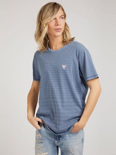 Férfi Guess Triangle Logo Csíkos Póló Világos Kék | HU-407866