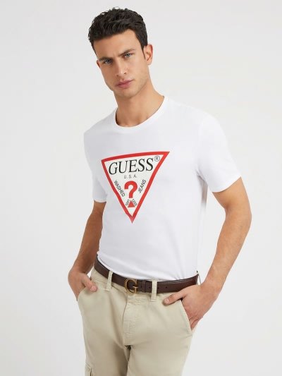 Férfi Guess Triangle Logo Póló Fehér | HU-905382