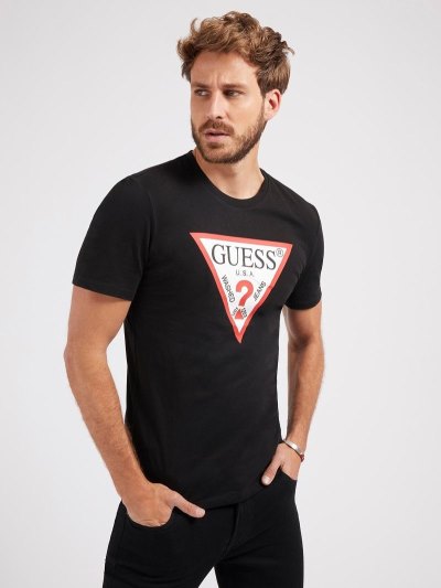 Férfi Guess Triangle Logo Póló Fekete | HU-722164